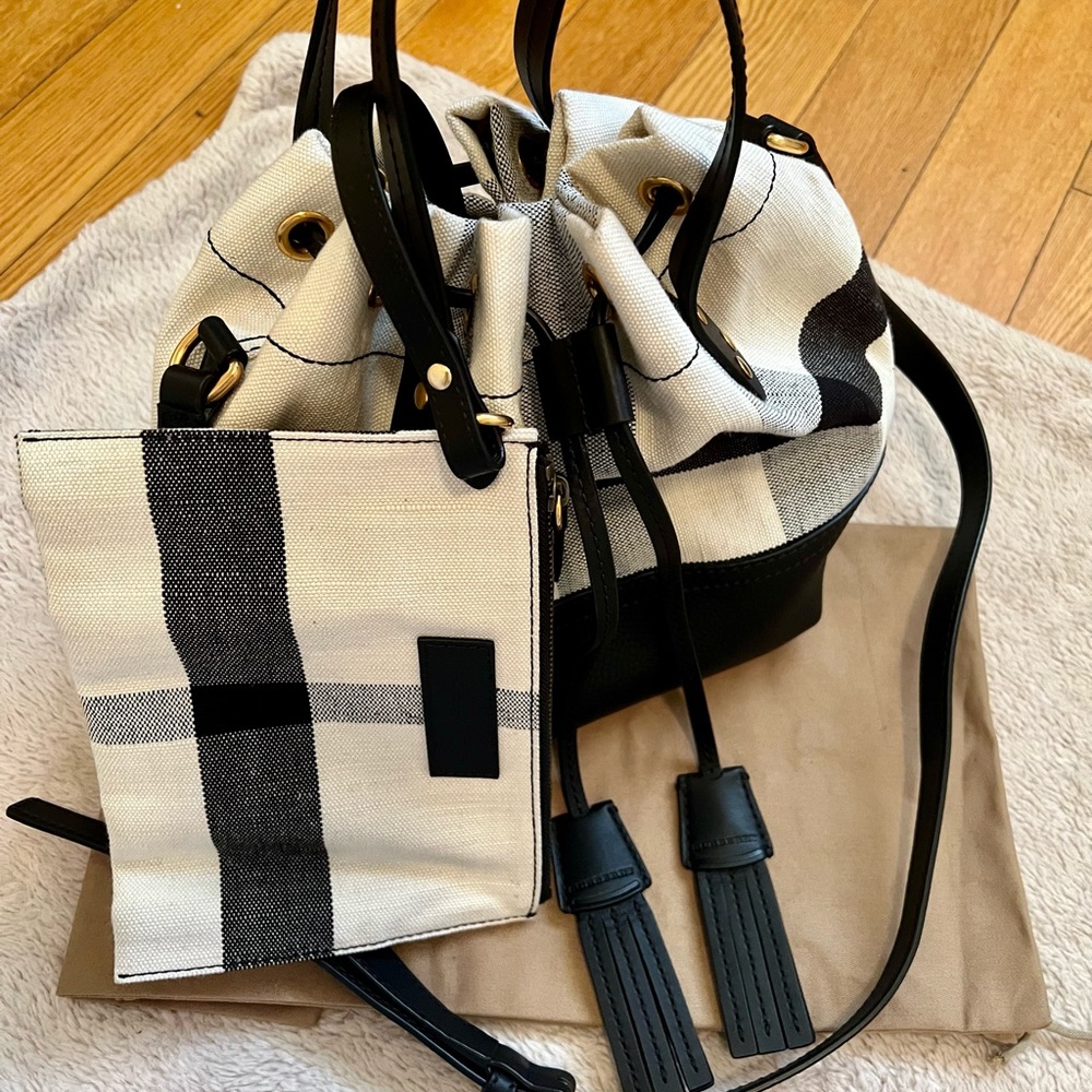 Authentic Burberry Grainy Calfskin House Check Canvas Small Heston Crossbody Bag